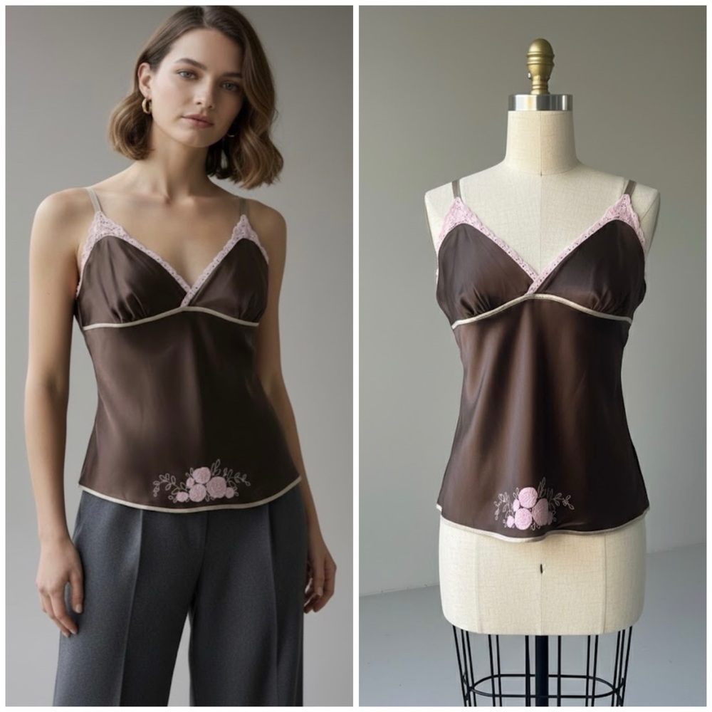 Gap Vintage Y2K Espresso Silk Camisole Blouse W/Pink Lace Trim Sz L